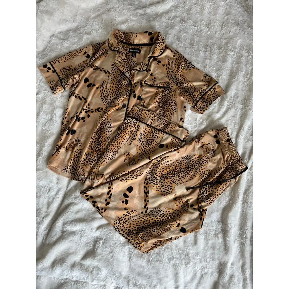 Room Service Leopard Satin Pajama Set Matching Lounge Set Chic Neutral L - Picture 2 of 5